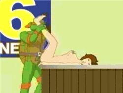 1boy 1girls animated april_o'neil april_o'neil_(tmnt_1987) female human legs_up lowres male male_anthro michelangelo missionary_position on_back on_table scalie straight teenage_mutant_ninja_turtles tmnt_1987