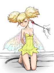 arms_behind_back blonde_hair bondage brown_eyes chains dragon's_crown dress fairy female kneeling medium_breasts minigirl momo_tai pointy_ears pussy_juice tears tiki_(dragon's_crown) wavy_mouth wings