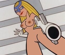 1girls angry blonde_hair breasts cartoon_network edit female female_only femme_fatale_(powerpuff_girls) gloves gun long_hair mask nipples powerpuff_girls pussy screenshot screenshot_edit solo venus_symbol