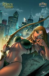 1girls arrow big_breasts bikini blonde_hair blue_eye bow bra breasts busty comic_cover erect_nipples erect_nipples_under_clothes female female_only giuseppe_cafaro glowing_eye green_bikini green_bra green_panties grimm_fairy_tales_zenescope large_breasts lipstick long_hair looking_at_viewer lying_down new_york nipple_bulge nipples official_art panties pinup red_lips red_lipstick robin_hood robyn_hood robyn_locksley smile smiling solo thighs ylenia_di_napoli zenescope