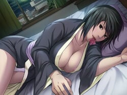 1girls bed big_breasts black_eyes black_hair building cleavage condom condom_in_mouth curtains large_breasts laying_down looking_at_viewer naruto naruto:_road_to_ninja night nipple_bulge panties pink_nipples shizune shizune_(naruto:_road_to_ninja) short_hair smile solo tk_(tk's_level4) white_panties window