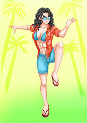 abs amber_eyes amber_isaacs big_breasts bikini black_hair boyshorts curly_hair feet hawaiian_shirt legs looking_over_eyewear looking_over_glasses muscular_female original_character sandals sunglasses tinted_eyewear