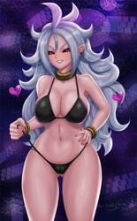 1girls 2010s android_21 big_breasts bikini black_bikini black_sclera bra breasts cameltoe cleavage dark_persona dragon_ball dragon_ball_fighterz ear_piercing erect_nipples erect_nipples_under_clothes female female_only heart humanoid large_breasts long_hair looking_at_viewer majin majin_android_21 monster_girl panties pink_skin pointy_ears pulling_panties red_eyes solo tail thelorope white_hair