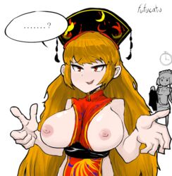 ? artist_signature breasts breasts_out chinese_clothes clock eyebrows_visible_through_hair female fufucatu hat junko_(touhou) large_breasts long_hair maid open_mouth open_shirt orange_hair red_eyes round_ears sakuya_izayoi speech_bubble touhou very_long_hair