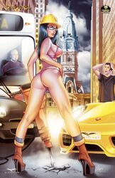 1girls ass bikini black_hair blue_eyes bra car comic_cover construction_worker elias_chatzoudis eye_contact female glasses grimm_fairy_tales_zenescope hard_hat heel_boots heels jackhammer lipstick long_hair looking_back official_art panties philadelphia pink_bikini pink_bra pink_panties pink_thong pinup sela_mathers socks text thighs thong truck zenescope