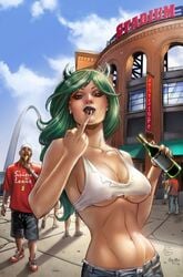 1boy 1girls 4_horns anthony_spay beer beer_bottle big_breasts blue_jeans bottle breasts brown_eyes busty comic_cover earrings eye_contact female goblin_queen_(zenescope) green_hair green_horns grimm_fairy_tales_zenescope holding_beer holding_bottle horns jeans large_breasts lipstick long_hair looking_at_viewer middle_finger multi_horn nail_polish official_art pinup public purple_lips purple_lipstick purple_nail_polish purple_nails shirt stadium standing text ula_mos white_shirt zenescope