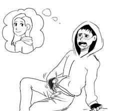 1boy 1girls blush cry_of_fear depressed drooling female hoodie male male_focus masturbation monochrome open_mouth sheet_grab simon_henriksson sketch sophie_(cry_of_fear) thinking thought_bubble