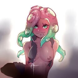 asymmetrical_hair bare_arms bare_shoulders black_vest breasts cropped_vest dark_nipples dark_skin female green_eyes green_hair grin heart heart-shaped_pupils highres kaehavandias kinjero looking_at_viewer marina_(splatoon) medium_breasts mole mole_under_mouth multicolored_hair navel nipple_slip nipples no_bra no_panties no_pants octoling pink_pupils smile solo splatoon splatoon_2 suction_cups symbol-shaped_pupils tentacle_hair undressing vest zipper zipper_pull_tab