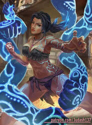 abs amara_(borderlands) armpits arms_up bare_arms bare_shoulders big_breasts bikini black_hair borderlands borderlands_3 breasts brown_skin choker cleavage clenched_fist collarbone dark-skinned_female dark_skin earrings fantasy female fighting_stance indian indian_female jewelry judash137 large_breasts long_hair looking_at_viewer magic midriff muscular_female nails navel necklace ponytail purple purple_eyes siren_(borderlands) skimpy_clothes smile solo solo_female standing swimsuit tattoos thighs toned very_long_hair waist