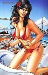 1girls bikini black_hair blue_eyes boat bra bra_pull breasts female female_only flower flower_in_hair glasses grimm_fairy_tales_zenescope kneeling lipstick long_hair mike_debalfo official_art oiled on_knees open_mouth panties pinup red_bikini red_bikini_bottom red_bikini_top red_bra red_lips red_lipstick red_panties red_rose red_swimsuit rose sanju_nivangune sela_mathers smile smiling solo swimsuit text thighs toronto zenescope