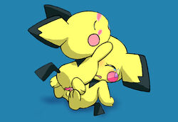 2boys blue_background blush chesnut_(artist) closed_eyes male male_only open_mouth penises_touching pichu pichu_big pichu_little pokemon pokemon_gsc saliva sweat tears yaoi yellow_fur