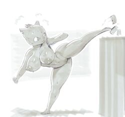 anthro areola barefoot big_breasts bodily_fluids breasts cans domestic_cat feet felid feline felis female female_only fighting_pose flexible greyscale hi_res high_kick kick mae_borowski mammal monochrome navel night_in_the_woods nipples nude pose pussy solo sqoon sweat thick_thighs toes video_games wide_hips