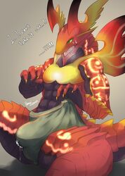 4_fingers agni_(dragalia_lost) anthro big_bulge black_body black_scales bodily_fluids bulge claws clothing cum cum_drip cum_through_clothing dialogue dragalia_lost dragon dripping english_text finger_claws fingers flowerdragon genital_fluids green_clothing green_eyes green_panties green_underwear grey_background hi_res male male_only open_mouth panties red_body red_scales scales shaded sharp_teeth simple_background sitting solo spread_legs spreading sweat teeth text tongue underwear wet wet_clothing yellow_body yellow_claws yellow_scales