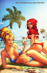 2012 2girls alfredo_reyes ass beach bikini_bottom bikini_top blonde_hair blue_bikini blue_bikini_bottom blue_bikini_top blue_bra blue_eyes bra breasts britney_waters cinderella cinderella_(fairy_tales) cinderella_(zenescope) cloud clouds cloudy_sky collarbone dat_ass dated drink female female_ass female_only glare glass green_eyes grimm_fairy_tales_zenescope hairband hairbun highleg highleg_bikini highleg_bikini_bottom holding_drink holding_glass hood lipstick little_red_riding_hood little_red_riding_hood_(grimm)_(cosplay) long_hair looking_at_viewer makeup medium_breasts miami ocean palm_tree panties pink_lipstick pink_makeup pink_rose pinup red_bikini red_bikini_bottom red_bikini_top red_hood red_panties rose sand sanju_nivangune side-tie_bikini side-tie_bikini_bottom signature signatures sitting starfish thighs tree water zenescope