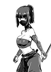 absurdres armor breasts cleavage covered_mouth cowboy_shot female greyscale highres japanese_armor kote looking_at_viewer medium_hair megao_3rd midriff monochrome navel ninja ninjatou original reverse_grip scarf scarf_over_mouth short_sword stomach strapless sword tagme tubetop weapon