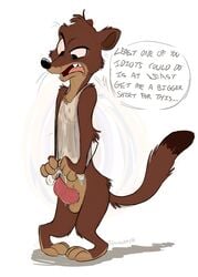 2016 3_toes 4_fingers annoyed anthro balls barefoot biped black_nose bottomless brown_body brown_fur clothed clothing covering covering_self dialogue dipstick_tail disney duke_weaselton embarrassed english_text erection fingerless_(marking) fingers fur hi_res knock-kneed long-tailed_weasel looking_at_penis looking_down male male_only mammal multicolored_tail mustela mustelid musteline open_mouth orlandofox penis pigeon_toed shirt shy simple_background solo speech_bubble tan_body tan_fur tank_top text toes tongue toony topwear unwanted_erection water wet wet_clothing wet_shirt wet_topwear white_background zootopia