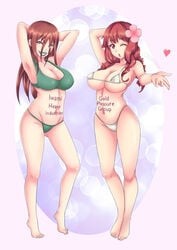 2girls armpits arms_up auburn_hair barefoot bathing_suit big_breasts bikini blowing_kiss blue_lipstick body_writing brown_eyes brown_hair curly_hair female female_only flower_in_hair full_body green_bikini kengan_(series) kengan_ashura kurayoshi_rino long_hair micro_bikini multiple_girls official_alternate_costume pink_hair red_hair ringlets sharp_teeth swimsuit togo_tomari white_bikini wink