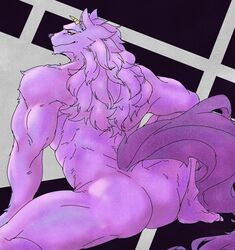 anthro ass back_muscles bathym biped canid canine canis demon fur hair hi_res horn looking_back male male_only mammal mane mane_hair muscular muscular_male nude purple_body purple_fur tokyo_afterschool_summoners toran_jis_ta toranjista video_games wolf