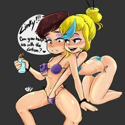 2girls ass bikini bikini_top black_eyes blonde_hair blue_hair blush brown_hair canon_couple eyeshadow female female_only grey_background hand_in_panties human lesbian_couple lotion luna_loud multiple_females multiple_girls sam_sharp small_breasts straight_hair the_loud_house thighs yuri