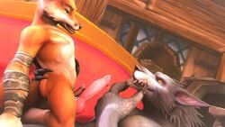 16:9 2019 3d alive_(artist) animal_genitalia animal_penis blizzard_entertainment bodily_fluids canid canine canine_penis duo fox frottage genital_fluids hi_res male male/male mammal penis precum sex size_difference video_games vulpera warcraft were werecanid werecanine worgen