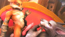 16:9 2019 3d alive_(artist) blizzard_entertainment bodily_fluids canid canine digital_media_(artwork) duo fox frottage genital_fluids hi_res male male/male mammal penis precum sex size_difference video_games vulpera warcraft were werecanid werecanine worgen