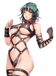 1girls alternate_costume blush breasts cosplay dominatrix embarrassed female female_only fubuki_(one-punch_man) green_eyes green_hair heart impossible_clothes kaijin_hime_do-s_(cosplay) large_breasts one-punch_man pisshine revealing_clothes short_hair solo spiked_collar spikes