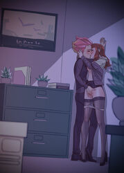 2girls against_wall amanda_o'neill arms_around_neck bangdacy blonde_hair blush breasts brown_hair cheating closed_eyes clothed_sex eyeshadow female_only fingering formal french_kiss full_body hanna_england high_heels highres indoors jewelry kissing legs lips little_witch_academia long_legs makeup medium_hair multicolored_hair multiple_girls night no_bra off_shoulder office office_lady open_clothes open_shirt pant_suit panties panty_pull pink_hair pussy_juice pussy_juice_trail reverse_trap ring shirt_lift short_hair skirt skirt_lift skirt_suit small_breasts suit sweat two-tone_hair underwear vest wedding_band yuri