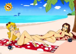 2girls angry_sun beach beach_towel bikini blonde_hair blue_eyes bob-omb breasts brown_hair cleavage dorrie duo earrings eyeshadow female female_only half-closed_eyes hand_behind_head hand_on_thigh lips lipstick long_hair looking_at_viewer mario_(series) nintendo palm_tree pauline pink_bikini princess_peach red_bikini roger_bacon sandals seaside smile sunglasses sunglasses_on_head super_mario_odyssey tan thick thick_thighs thighs wide_hips