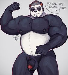 2019 absurd_res anthro balls biceps big_muscles black_body black_fur blush bodily_fluids chest_tuft closed_eyes flaccid flexing foreskin fur genital_fluids giant_panda hair half-erect hi_res humanoid_penis male male_only mammal musclegut muscular muscular_male nipple_piercing nipples nude pecs penis piercing precum ruslorc slightly_chubby smile solo standing tuft uncut ursid white_body white_fur