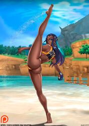 1girls 3d 3d_background action_pose armpits ass back barefoot beach big_ass blue_eyes blue_hair bracelet bubble_butt clothed clothing clouds dark-skinned_female dark_skin dat_ass day earrings eye_contact eyelashes eyeshadow feet female female_focus female_only flexible gloves hair_ornament holding hoop_earrings huge_ass large_ass leg_up long_legs looking_at_viewer looking_back makeup naughty_face nessa_(pokemon) nintendo open_mouth outdoors patreon poke_ball pokemon pokemon_ss pose sand screenshot seductive sky soles splits spread_legs swimsuit teeth text thick_thighs tiptoes toes url vertical_splits water watermark wedgie wide_hips xplotter