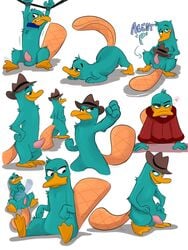 2017 4_fingers anthro balls bathrobe biped blush bondage bound clothed clothing collar digital_media_(artwork) disney english_text erection fingers hat hat_only headgear headwear heart hi_res looking_at_viewer male male_only mammal monotreme mostly_nude nude orlandofox penis perry_the_platypus phineas_and_ferb platypus robe solo standing tapering_penis text tongue white_background