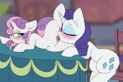 blush chair cunnilingus equid feral friendship_is_magic furniture hi_res horn incest lockheart looking_pleasured mammal my_little_pony oral pussy raised_leg raribelle rarity_(mlp) sex sibling sister sisters sweetie_belle_(mlp) table tongue unicorn vaginal_penetration