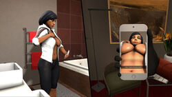 3d abs areolae athletic bare_calves bathroom breasts busty busybunny calves cleavage dark-skinned_female dark_skin female female_focus female_only hoodie hourglass_figure large_breasts nipples overwatch pharah pharah-best-girl phone sleeves_rolled_up solo sports_bra sportswear text yoga_pants