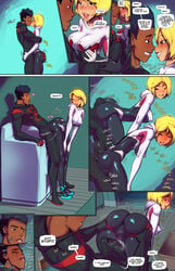 1boy 1girls ass ass_grab blonde_hair blush bodysuit breasts brown_hair bulge buttjob cameltoe clothed clothes clothing comic costume cum_in_bodysuit cum_in_clothes cum_through_clothes dark-skinned_male dark_skin erection erection_under_clothes female fred_perry gwen_stacy gwen_stacy_(spider-verse) huge_cock human interracial male marvel medium_breasts miles_morales nipple_bulge outfit penis_in_bodysuit penis_under_clothes pussy_juice pussyjob spider-gwen spider-man:_into_the_spider-verse spider-man_(miles_morales) spider-man_(series) straight_hair superhero superheroine teasing text tight_clothing wet wet_pussy