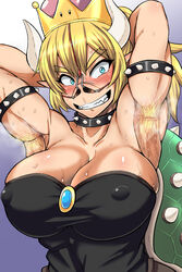 armpit_hair armpits arms_behind_back arms_up big_breasts blush bowsette embarrassed female female_only genderswap mario_(series) new_super_mario_bros._u_deluxe nintendo nose_hook presenting smell smelly_armpits solo steam suzurame sweat tagme