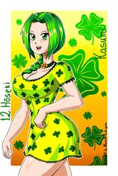 12_hoseki arched_back bangs big_breasts braid braided_hair breasts choker cleavage clothing clover curvaceous curvy curvy_figure dress female female_focus female_only flower four_leaf_clover green_eyes green_hair hair hair_braid hourglass_figure kasumi_midori looking_at_viewer mature_female milf oc older_female open_mouth original original_character pattern_background pattern_clothing perky_breasts rodriguesd-marcelo shamrock side_view smile solo solo_focus sundress thick_thighs thighs tied_hair voluptuous webcomic