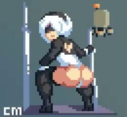 1girls 2d 2d_animation android animated animated_gif ass ass_clapping ass_focus big_ass black_blindfold black_thighhighs blindfold bouncing_ass countmoxi female floating full_body gif gynoid headband leotard light-skinned_female light_skin looking_at_viewer nier:_automata pixel_animation pixel_art planted_weapon pod_(nier) robot solo sword thighhighs thong_leotard twerking white_hair yorha_2b