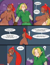 1boy 1girls afrobull areolae ass blonde_hair breasts brown_gloves clothing comic dark-skinned_female dark_skin duo earrings english_text female fingerless_gloves gerudo gloves hat humanoid interracial jewelry large_breasts link link_(ocarina_of_time) long_hair male nabooru navel necklace nintendo nipples nude ocarina_of_time one_eye_closed orange_hair pointy_ears ponytail shiny shiny_skin shirt smile speech_bubble straight text the_legend_of_zelda thighs white_gloves yellow_eyes