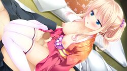 aqua_eyes blonde_hair blush breasts censored ensemble_(company) game_cg hikami_kuon japanese_clothes kimono nipples ojou-sama_wa_sunao_ni_narenai penis thighhighs