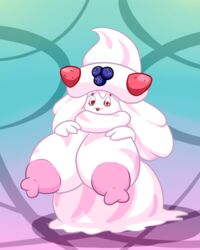 1girls 3_fingers alcremie anthro anthrofied areolae berry big_areola big_breasts big_nipples blue_background breasts chubby dewstar erect_nipples eye_contact fairy female female_only food half-closed_eyes hands_on_breasts huge_breasts large_breasts long_breasts looking_at_viewer nintendo nipples nude open_mouth pink_background pink_skin pokémon_(species) pokemon pokemon_ss red_eyes shortstack smile solo source_request strawberry thick white_skin