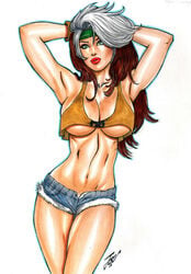 1girls 2019 anna_marie arms_up big_breasts blue_shorts breasts brown_hair busty cleavage dated denim_shorts ed_benes_studio eyeshadow female female_only gloves green_eyes homo_superior joe_lima large_breasts lipstick long_hair makeup marvel marvel_comics mascara multicolored_hair mutant open_mouth pinup red_lips red_lipstick rogue_(x-men) shirt short_shirt short_shorts shorts signature sketch solo standing streaked_hair striped_hair thighs white_hair x-men yellow_shirt