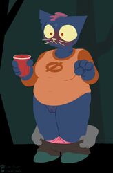 anthro assisted_exposure blush breasts chubby clothing cup domestic_cat embarrassed exposed felid feline felis female hi_res holding_cup holding_object i_am_clover mae_borowski mammal night_in_the_woods outside overweight pantsing plump pussy red_eyes shirt slightly_chubby topwear video_games