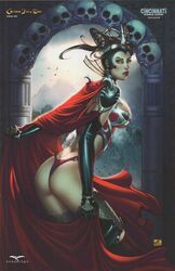 1girls ass big_breasts black_gloves black_stockings black_thighhighs breasts busty cape cleavage color comic_cover crown female female_ass female_only gloves grimm_fairy_tales_zenescope headwear highleg highleg_thong large_breasts leaning_forward lipstick lucinda_(zenescope) nei_ruffino official_art panties pinup red_cape red_lips red_lipstick red_panties red_thong signature skull skulls solo stockings text thighhighs thong yellow_eyes zenescope