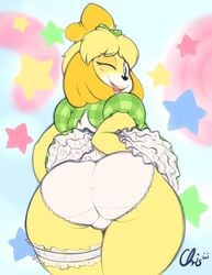 1girls 2016 animal_crossing anthro ass ass_up huge_ass isabelle_(animal_crossing) looking_at_viewer looking_back macro nekocrispy nintendo panties presenting_hindquarters skirt thick thick_thighs underwear upskirt wide_hips wink