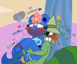 1girls blue_fur blush bodily_fluids dialogue flower forced furry gag green_fur happy_tree_friends hat mouth_gag petunia petunia_(htf) raccoon rape shifty shifty_(htf) skunk straight tied_up vaginal_penetration