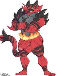 1boy 2019 anthro anthrofied bara big_penis big_testicles black_fur boner castrodour crossed_arms dated erection feet feline fire foreskin furry green_eyes grey_fur huge_penis huge_testicles humanoid_penis incineroar large_penis large_testicles looking_at_viewer male male_only nintendo nude original_character paws penis pokemon pokemon_sm pokemon_ss pose red_fur solo standing stripes tail testicles text thick_penis thick_thighs urethra veins watermark white_background yellow_sclera