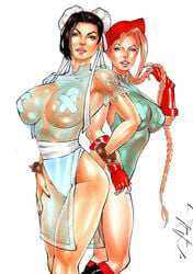 2019 2girls bandaid big_breasts blonde_hair blue_eyes boots braid braided_hair breasts brown_eyes brown_hair busty cammy_white capcom chun-li dated dress ed_benes_studio eyeshadow female female_only fingerless_gloves gloves hairbow hat huge_breasts jeferson_lima large_breasts leotard lipstick makeup mascara multiple_girls nail_polish pasties pink_lips pink_lipstick pinup purple_lips purple_lipstick red_gloves red_hat see-through_clothing see-through_dress signature smile smiling standing street_fighter thighs