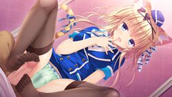 animal_ears black_legwear black_thighhighs blonde_hair blue_eyes catgirl clothed_female footjob footjob_with_legwear game_cg green_panties neko-nin_exheart nekokai_ritsu oerba_yun_fang open_mouth panties penis sitting stockings takano_yuki tongue uncensored underwear uniform whirlpool