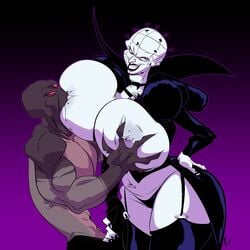 2019 3_eyes absurd_res areola bald big_breasts black_clothing black_lips breast_grab breast_sucking breasts breasts_bigger_than_head cenobite clothed clothing curvy_figure demon duo empty_eyes erection erection_under_clothing female gradient_background grin hand_on_breast hand_on_hip hellraiser hi_res huge_breasts humanoid legwear lips male multi_eye nipple_piercing nipple_slip nipples partially_clothed penis penis_grab piercing pinhead red_eyes rule_63 sharp_teeth simple_background slb smile straight sucking teeth thigh_highs thong tony_(daredemon7000) topless voluptuous white_body white_skin wide_hips