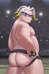 >:) 1boy ass back bara big_ass big_belly blonde_hair blue-tinted_eyewear blue_eyes chubby eye_contact gordie_(pokemon) hands_on_hips jockstrap long_hair looking_at_viewer makuwa_(pokemon) male male_only moobs muscles muscular nintendo nipples overweight overweight_male pale_skin poke_ball pokemon pokemon_ss pose posing public public_nudity short_hair skindentation smile smiling smirk stadium sunglasses tevit15 thick_thighs tinted_eyewear two_tone_hair ultra_ball underwear wide_hips yaoi